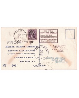 Pašto vokas, gabentas iš New Yorko į Kauną lėktuvu "Lituanica". Numeruotas Nr.606