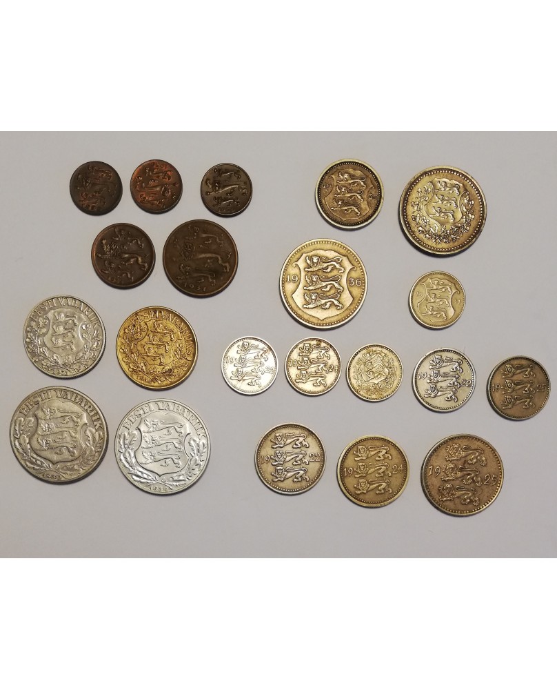 Estija/Eesti/Estonia. 1922-1939 m. monetų rinkinys, 21 vnt. Kokybė aUNC-XF Estija/Eesti/Estonia. 1922-1939 m. monetų rinkinys, 21 vnt. Kokybė aUNC-XF