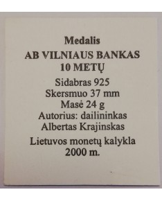 Medalis "Vilniaus bankui 10 metų", (Ag0.925)