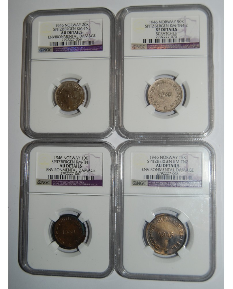 SSSR. Špicbergenas/Svalbardas, Norvegija. Arktikugol. 10, 15, 20, 50 kapeikų, 1946. NGC!!! RARE SSSR. Špicbergenas/Svalbardas, Norvegija. Arktikugol. 10, 15, 20, 50 kapeikų, 1946. NGC!!! RARE